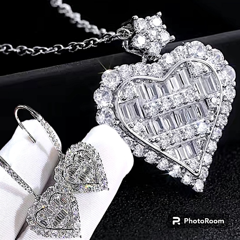 Sterling Silver Heart Zircon Necklace Earrings Matching Set